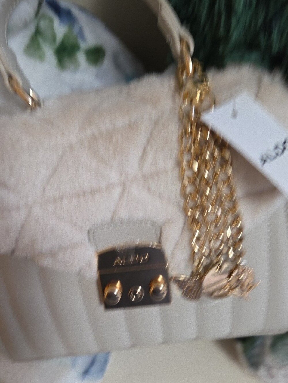NWT ALDO Cream Quilted Faux Fur Top Satchel with Gold Chain Charms - Picture 2 of 14